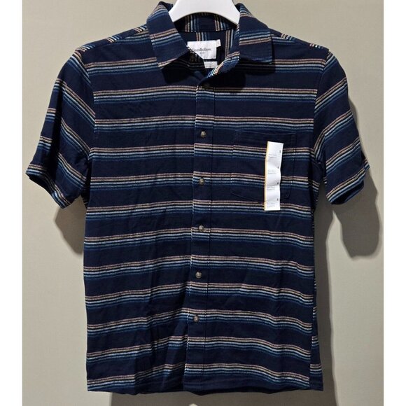 Goodfellow Everyday Small 36/37 Navy Blue Button Front Textured Striped SS Shirt - Picture 1 of 6